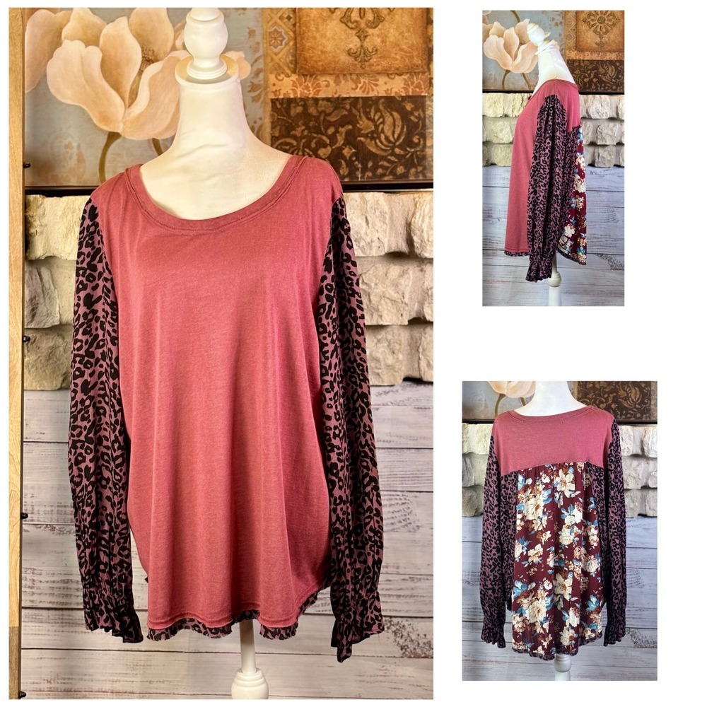 Umgee Womens XL Multi Print Contrast Floral Leopard High Low Top Mauve